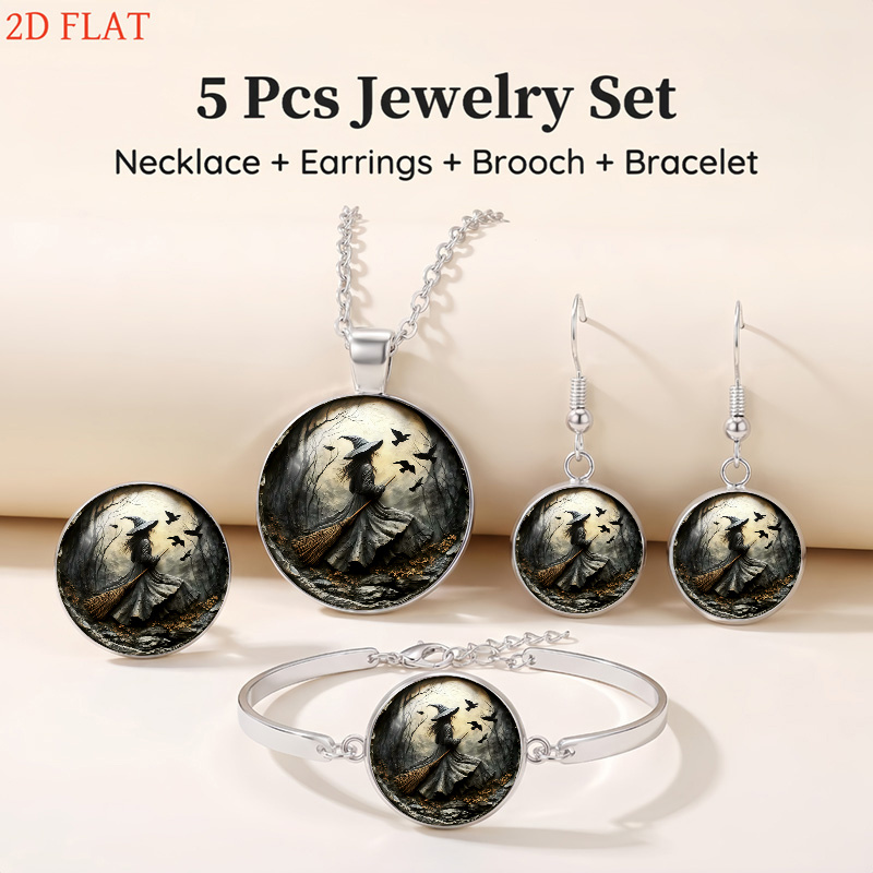 5pc Halloween Witch & Crows Jewelry Set, Necklace Earrings Brooch Bracelet